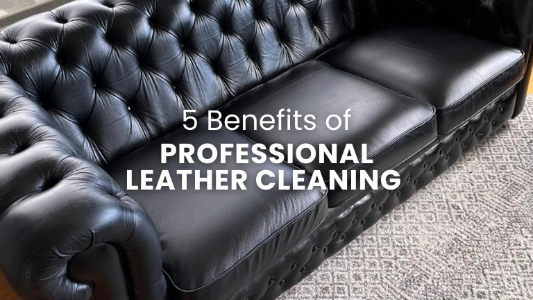 Black Leather Couch with the words "5 Benefits of Professional Leather Cleaning"